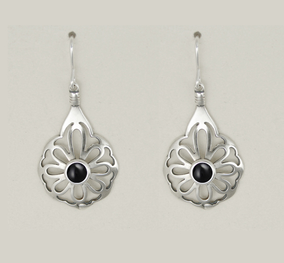 Sterling Silver Drop Dangle Flower Earrings With Black Onyx